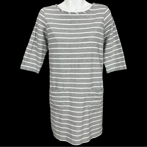 Boden Gray and White Striped Jersey Mini Dress/Tunic with Pockets Size 12 - Picture 1 of 10